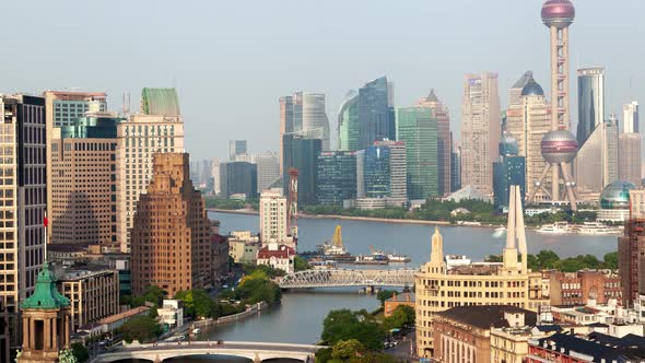 Shanghai Wusong River Cityscape Pan Up