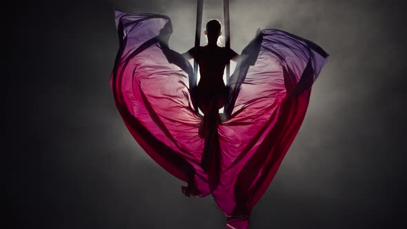 Silhouette of Female Circus Gymnast Spins on Aerial Silk