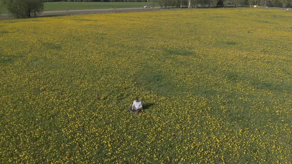 the Businessman Works in the Middle of the Field and Gives a Flower