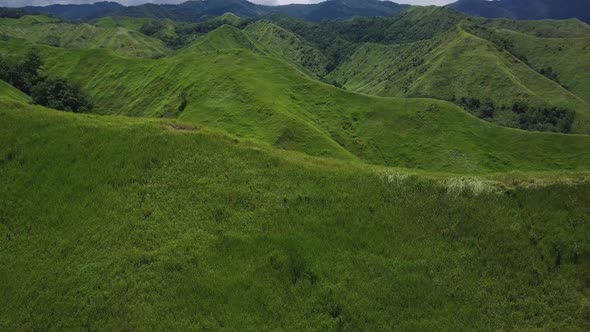 Flight over Green Grassy Rocky Hills