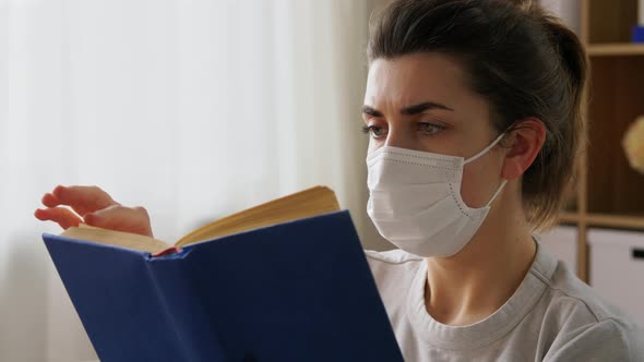 Sick Woman in Medical Mask Reading Book at Home