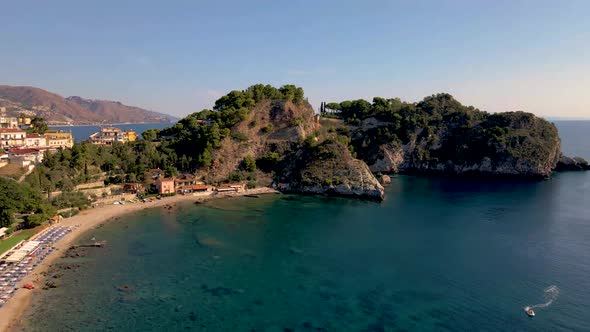 Taormina Sicily Isola Bella Beach From the Sky Aerial View Voer the Island and the Beach By Taormina