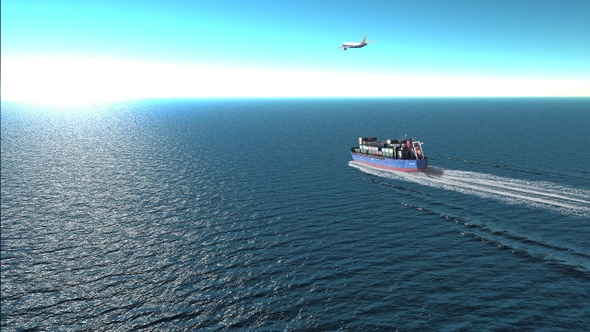 Cargo ship  with containers and airplane over the sea- aerial