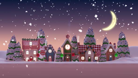 Animation of a snowy city during Christmas by night