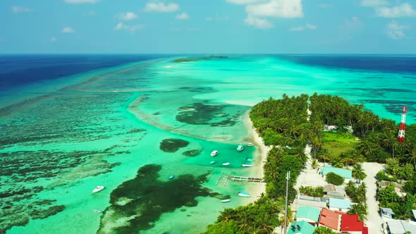 Aerial drone view nature of exotic lagoon beach wildlife by blue lagoon and white sand background of