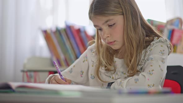 Schoolgirl Writes in a Notebook at the Table alt