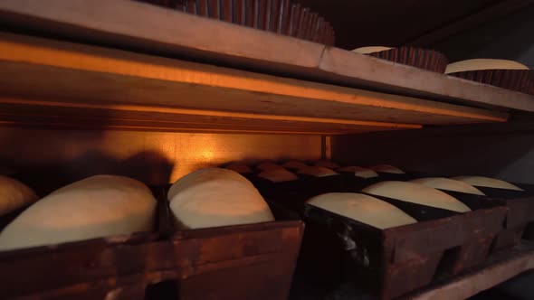 Jars for loaves of raw bread in bakery