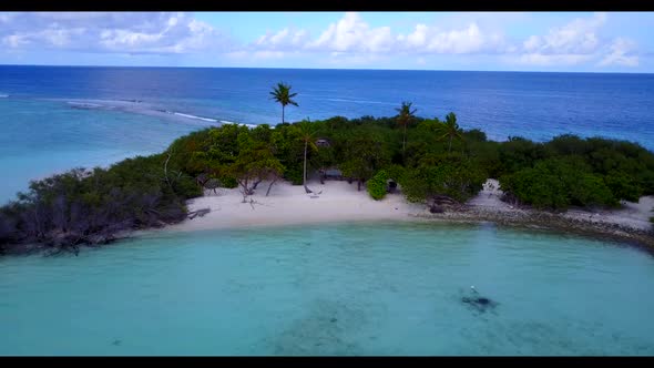 Aerial scenery of beautiful coastline beach wildlife by blue lagoon with white sandy background of a