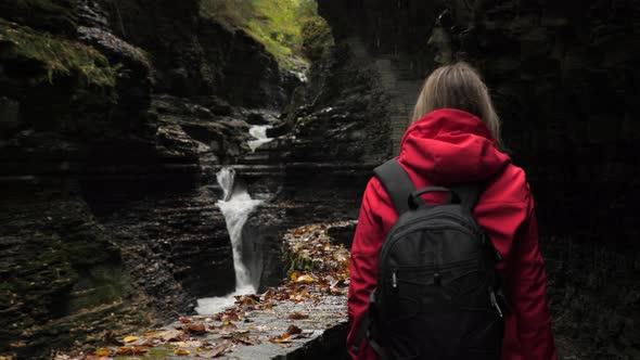 Female Tourist Walking Through Watkins Glen State Park Natural Gorge