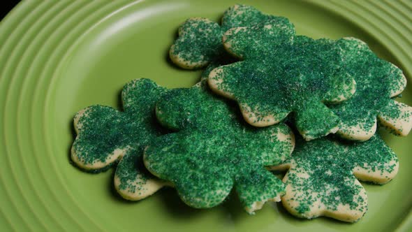 Cinematic, Rotating Shot of Saint Patty's Day Cookies on a Plate 