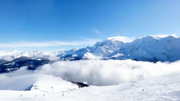 Panorama Above Clouds of Alps Mountains and Mont Blanc Massif