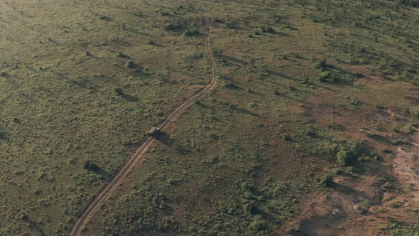 Aerial drone view of 4 wheel drive vehicle on wildlife safari in Kenya, Africa