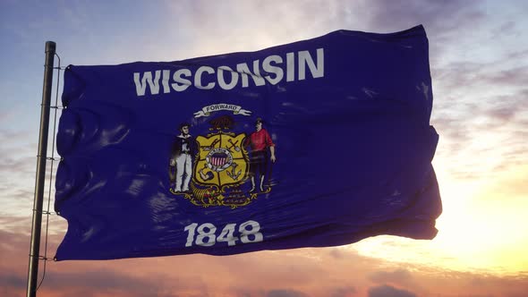 Flag of Wisconsin Waving in the Wind Against Deep Beautiful Sky at Sunset