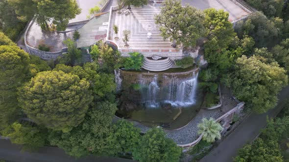 Drone shot of Cascade Dijon, artificial waterfall at Castle Hill, Nice, France
