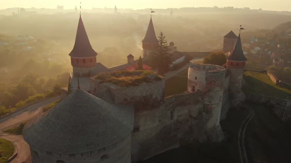 Aerial View of Kamianets Podilskyi Castle at Sunrise Ukraine