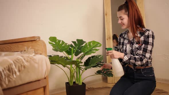 A young beautiful woman watering the plant.