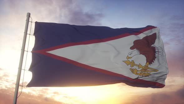 Flag of American Samoa Waving in the Wind Sky and Sun Background