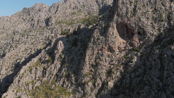 Tramuntana mountains aerial view going up and revealing the mountains