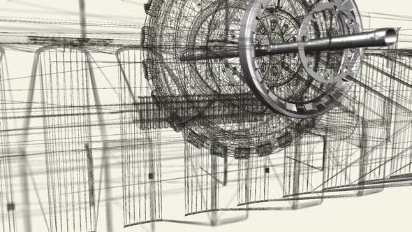 Wireframe and metallic engine parts rotating