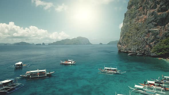 Closeup Passenger Ship at Sea Coast with Green Cliff Shore at Sun Summer Day Vacation