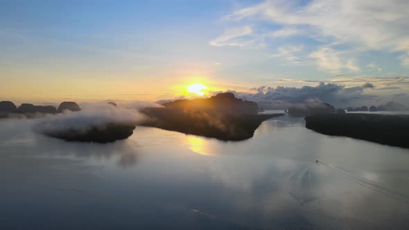 Aerial view in perspective of sunset sunrise. Over river and misty cloud in river mountain and sky