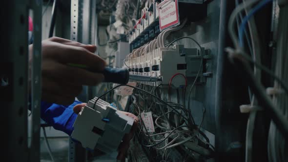 Electrical technician works at switch box. Hand with screwdriver. Electrician is checking connection