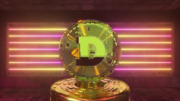 Rotating Dogecoin in a Futuristic Future Room with Neon Lighting