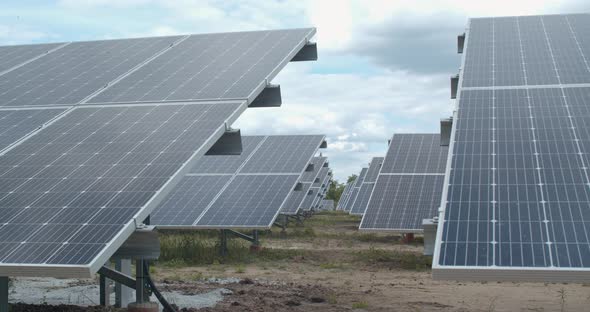 Long Rows of the Solar Panels at a Solar Power Station Modern Technology