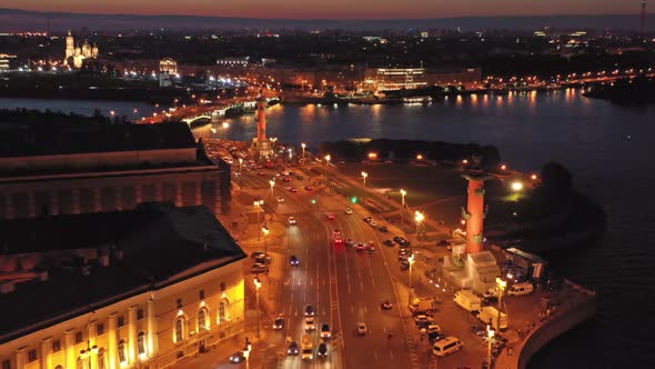 Aerial Night View of Rostral Column St. Petersburg