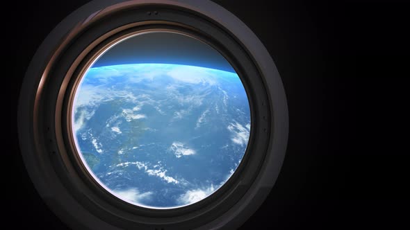 Earth As Seen Through Window Of Spaceship, Flight Of The Space Station Above The