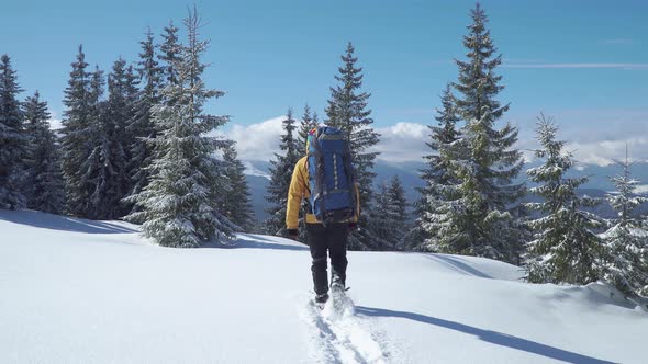 A Man with a Backpack Walks Through the Winter Forest