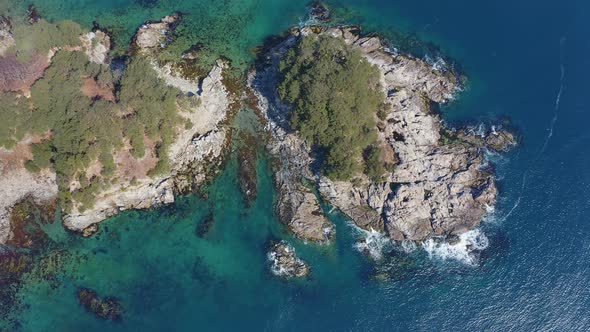 Rocky Island Washed By Waves Covered with Coniferous Trees in a Sea Bay