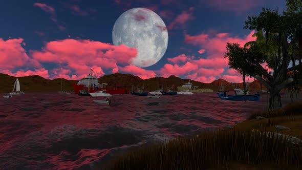 Panorama of full moon and red clouds at night