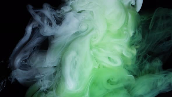 Green and White Ink in water.Creative Slow Motion. On a Black Background.