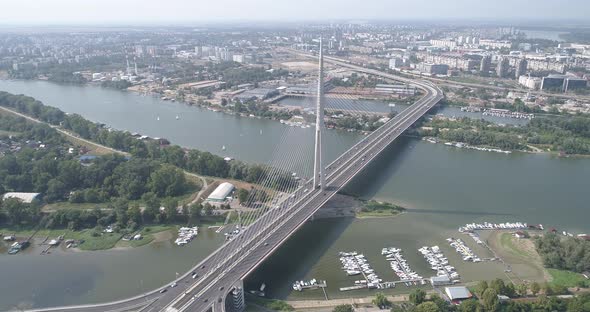 Bridge on river Sava in Belgrade, Aerial drone view