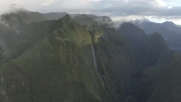 Aerial view of a waterfall (La Cascade Blanche), Saint Benoit, Reunion.