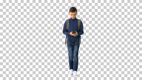 Schoolboy with a backpack using mobile, Alpha Channel
