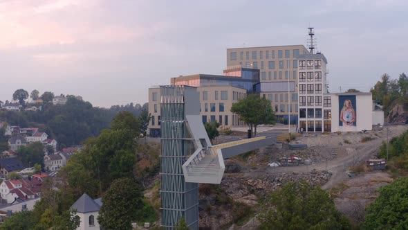 New Glass Elevator And Walkway At Floyheia In The Town Of Arendal, Norway. aerial