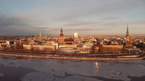 aerial view of the Riga old town during sunset