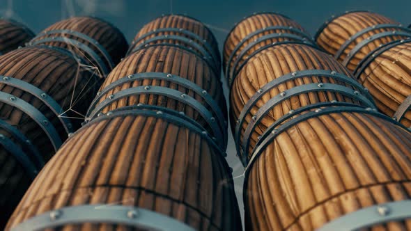 Stacked Wooden Oak Whiskey Wine Or Beer Barrels Sitting In Rows 4k