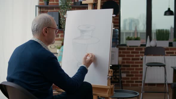 Old Man Drawing Vase Model on Canvas at Art Class Lesson