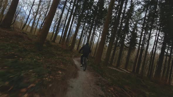 Drone Following Cyclist Racing Through Forest