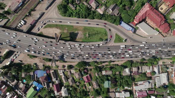 Transport Aerials  Top Down View of Freeway Busy City Rush Hour Heavy Traffic Jam Highway Bridge