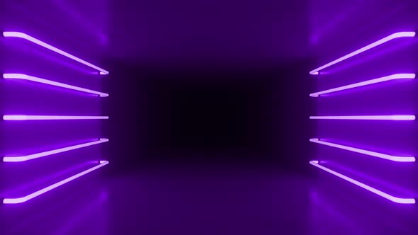 Abstract purple vivid room interior with purple glowing neon lamps