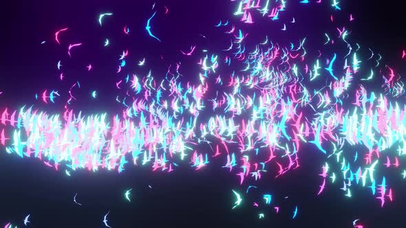 3D animation of glowing Crowd of birds behaviour, Flocking boids simulation