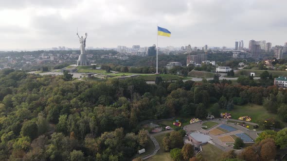 Kyiv, Ukraine Aerial View in Autumn : Ukrainian Flag. Kiev