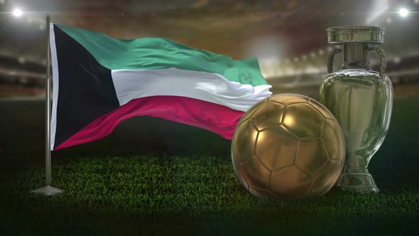 Kuwait Flag With Football And Cup Background Loop 4K