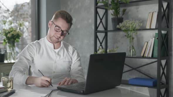 Modern Technologies in Business, Portrait of Young Attractive Guy in Glasses for Vision Working