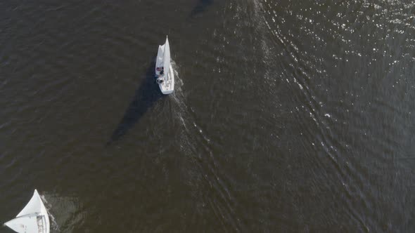 Top Down Aerial Pan of Sail Boats on Manhasset Bay Long Island