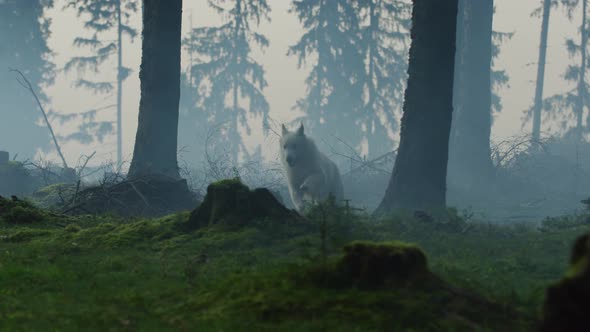 Dog running in a forest